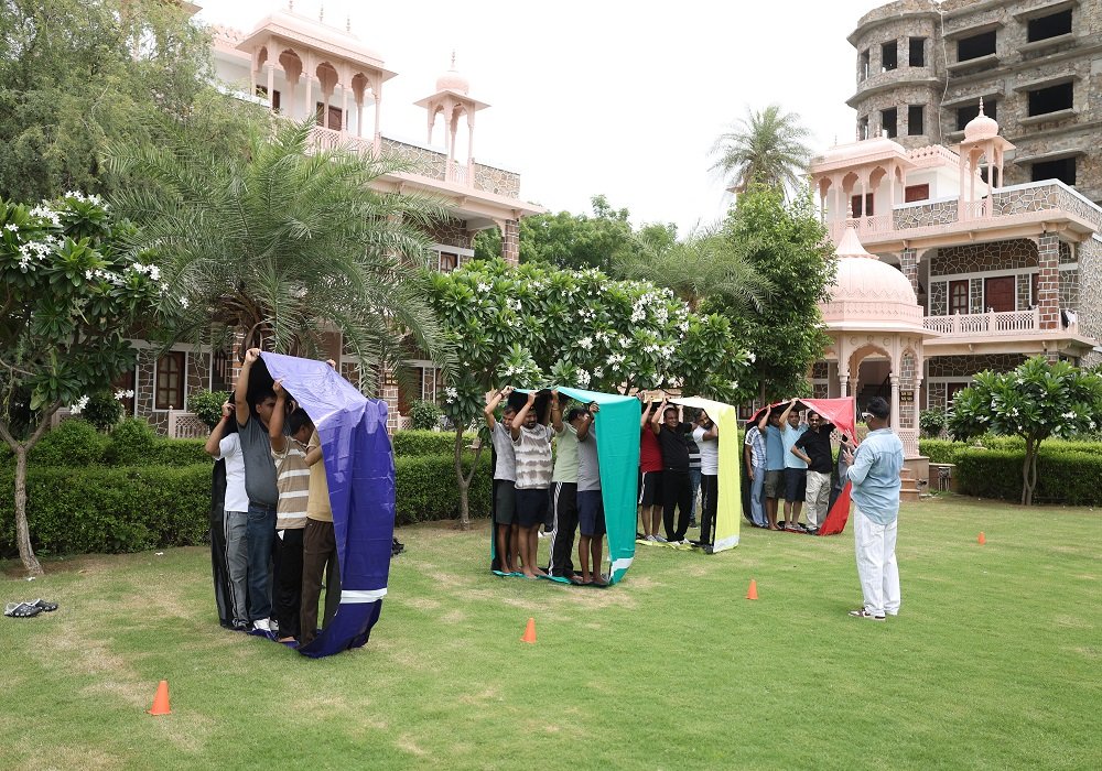 Corporate team participating in an engaging activity